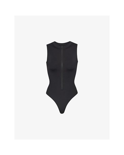Skims Black Zipped High-neck Recycled Stretch-nylon Swimsuit X