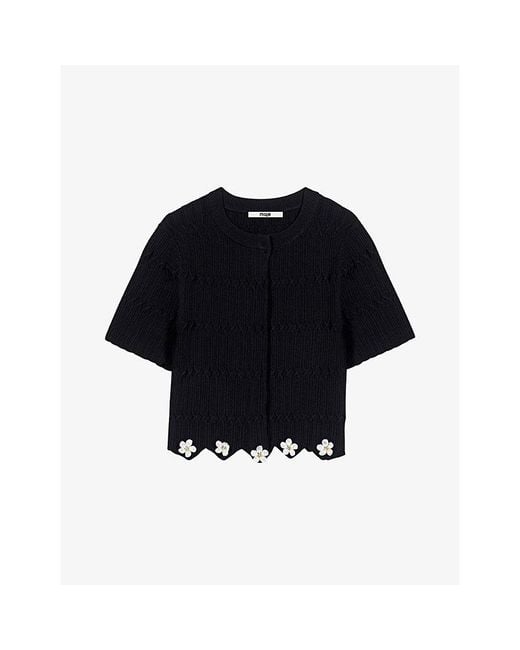 Maje Black Cropped Jewelled-Button Knitted Cardigan