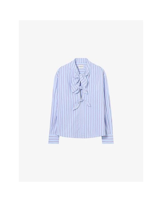 Claudie Pierlot Blue Striped Tie-Front Cotton-Poplin Blouse