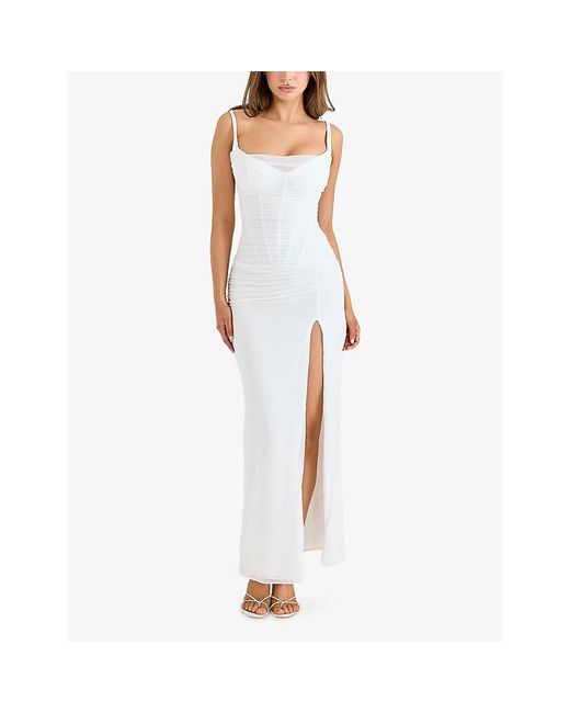House Of Cb White Lini Bodycon Stretch-Mesh Maxi Dress Xs (A-C Cup)