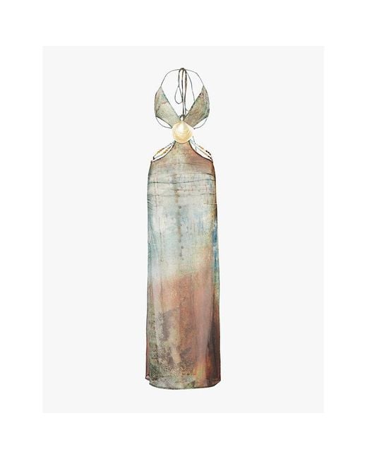 Jaded London Ocean Print Vida Shell-Trim Backless Stretch-Woven Maxi Dress 