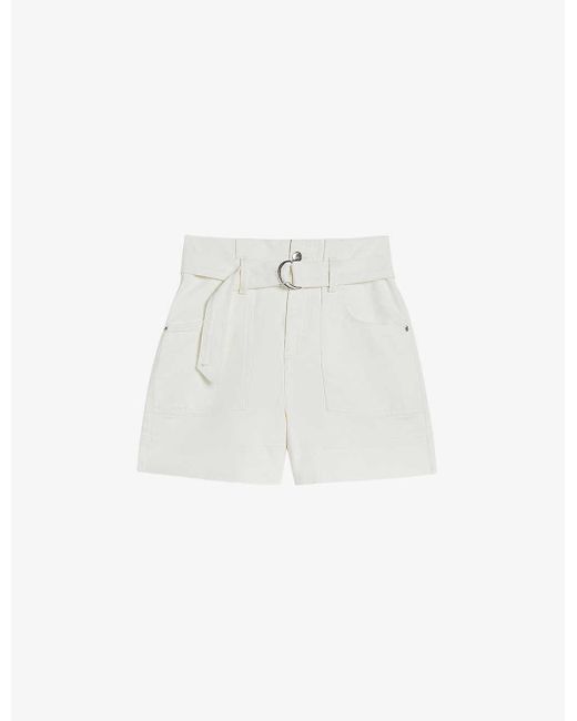 Ted Baker White Selda Belted-waist High-rise Stretch-cotton Shorts