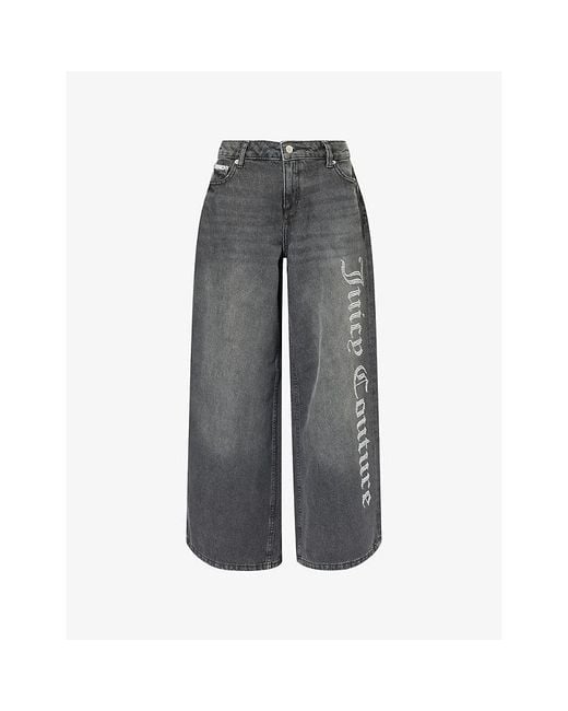 Juicy Couture Gray Diamanté-Logo Wide-Leg Denim Jeans