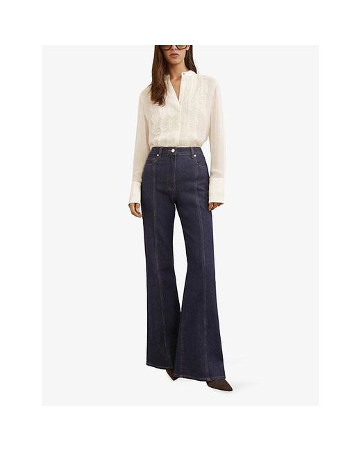 Reiss White Miranda Lace-Trim Sheer Crepe Blouse