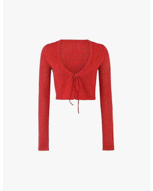 House Of Cb Red Perla Cropped Pointelle-knit Cardigan