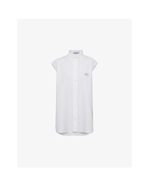 Prada White Logo-embroidered Short-sleeve Cotton Oxford Shirt