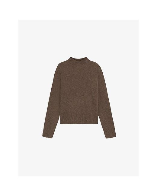 Boss Brown Bouclé-Texture High-Neck Wool-Blend Jumper