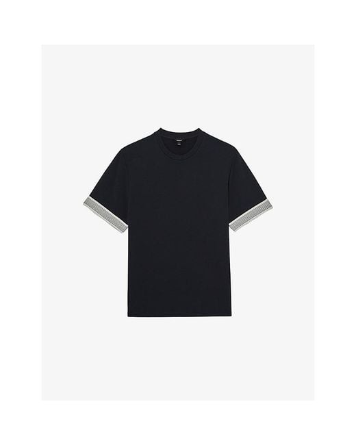 Reiss Blue Aries Striped-Trim Stretch-Woven T-Shirt for men