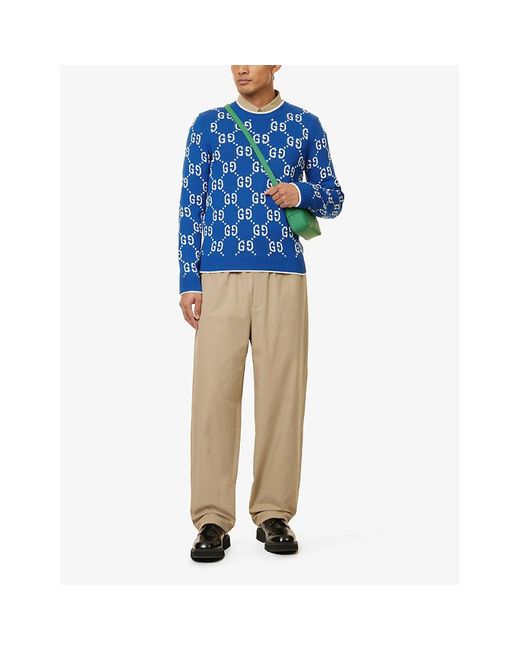 Gucci Blue Monogram-pattern Crewneck Cotton-knit Jumper for men
