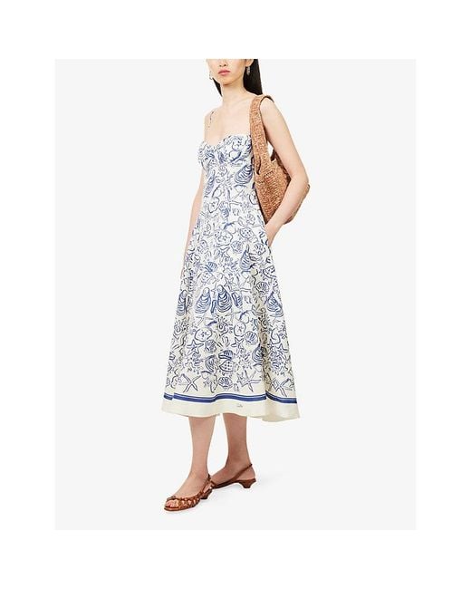 Jonathan Simkhai Blue Analise Graphic-Pattern Linen-Blend Midi Dress