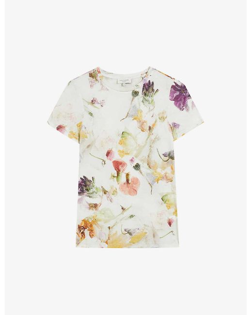 Ted Baker White Treyya Floral-print Short-sleeve Stretch-woven T-shirt