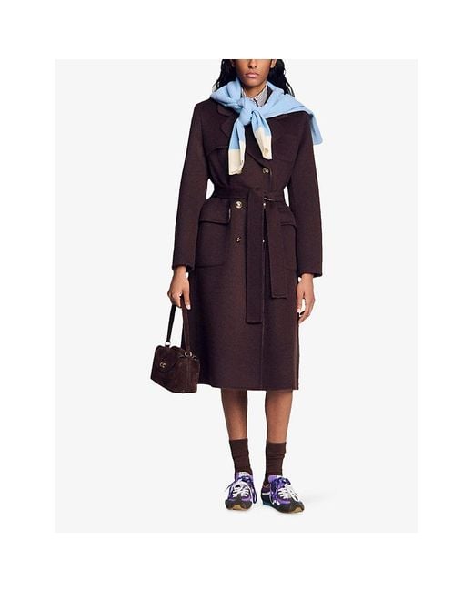 Sandro Brown Double-Breasted Tie-Belt Wool-Blend Coat