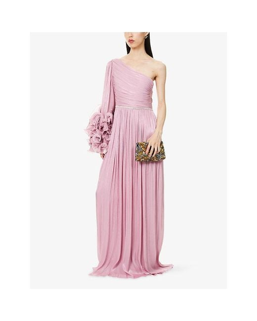 Costarellos Pink Aziza Asymmetric Woven Gown