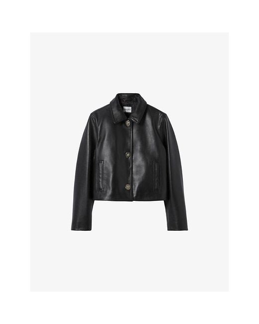 Claudie Pierlot Black Clasp-Front Side-Pocket Leather Jacket