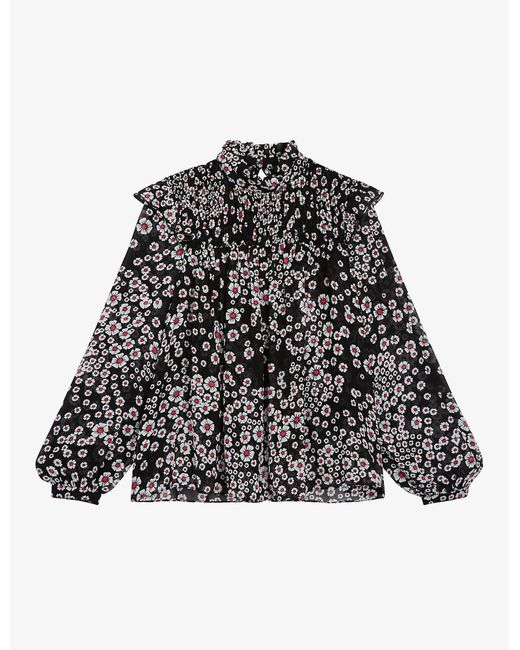 The Kooples Synthetic Floral-print High-neck Woven Blouse in Black ...
