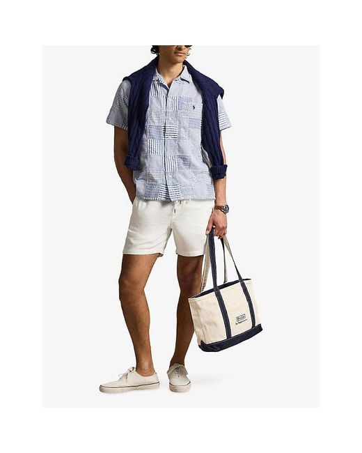 Polo Ralph Lauren Blue Logo-Embroidered Patch-Work Seersucker Cotton Shirt for men