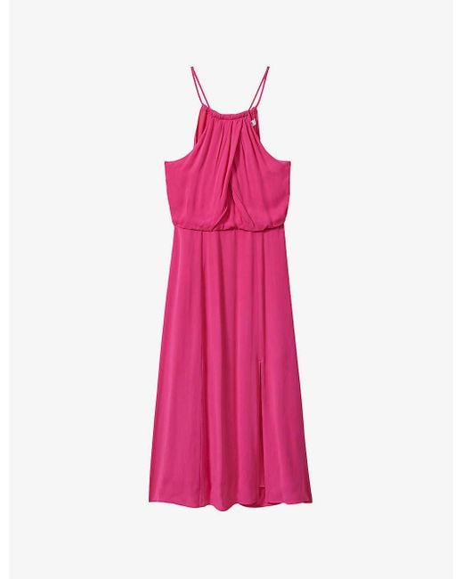 Reiss Pink Elliana Wrap-front Tie-neck Woven Midi Dress