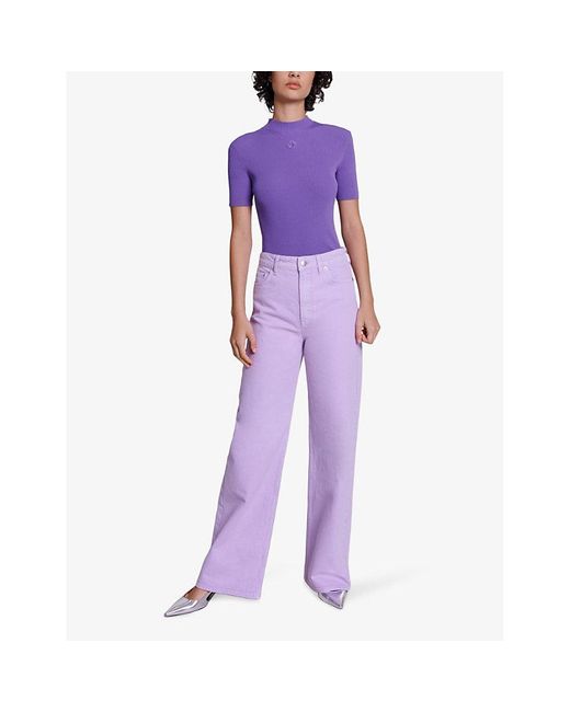 Maje Purple Logo-patch Short-sleeve Stretch-knitted Top