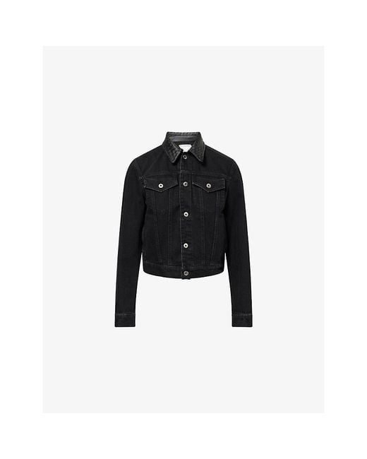 Bottega Veneta Black Intrecciato Leather-Collar Denim Jacket