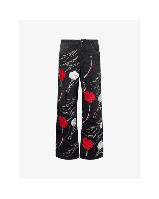 Amiri Red Floral-Embroidery Baggy Denim Jeans for men