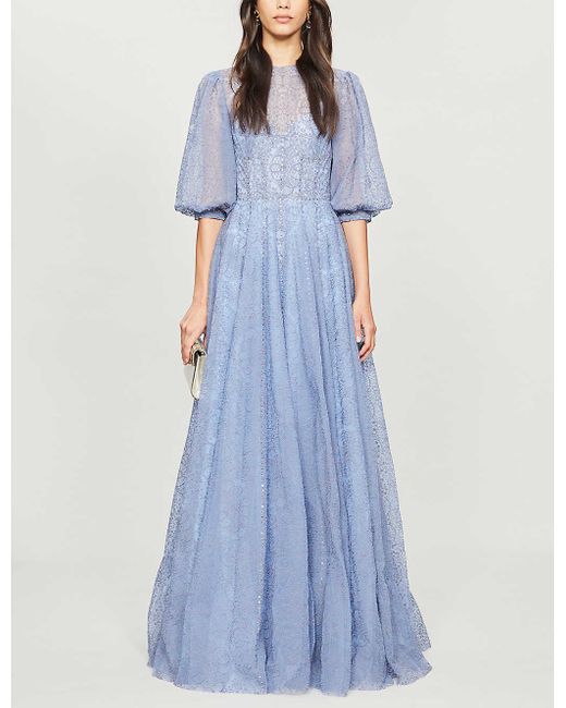 Costarellos Blue Floral-embroidered Tulle Maxi Dress