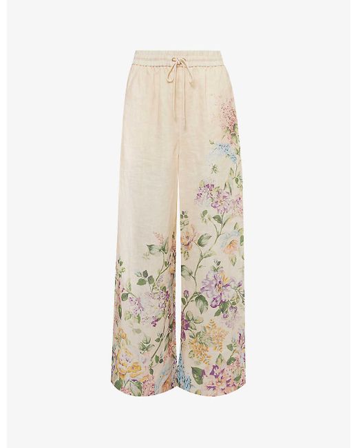 Zimmermann White Halliday Floral-print Straight-leg Mid-rise Linen Trousers