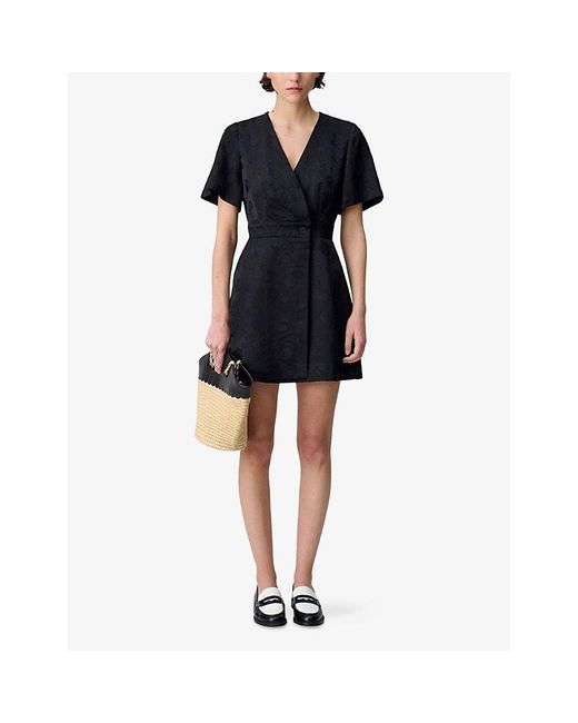 Claudie Pierlot Black Wrap-Front Short-Sleeve Jacquard Mini Dress