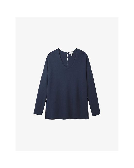 The White Company Blue V-Neck Button-Down Textured Cotton Jumper