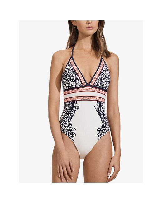 Reiss White Vy/red Monica Scarf-print Stretch-nylon Swimsuit