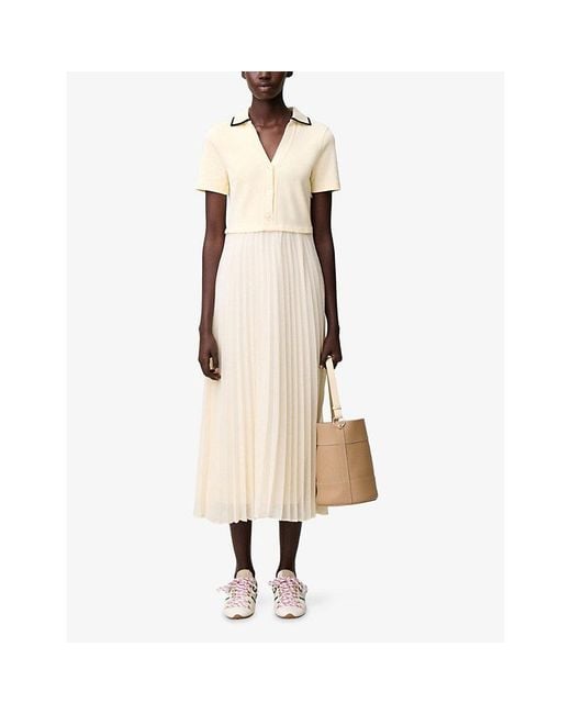 Claudie Pierlot White Trompe-L'Œil Pleated-Skirt Cotton And Woven Midi Dress