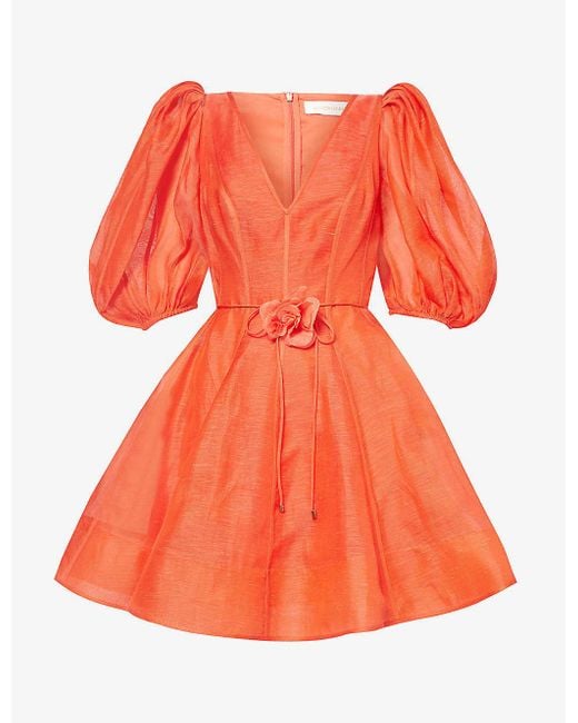 Zimmermann Orange V-neck Puff-sleeved Linen And Silk-blend Mini Dress