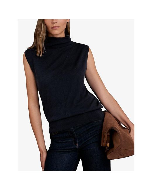 Reiss Blue Harper Funnel-Neck Sleeveless Wool Top