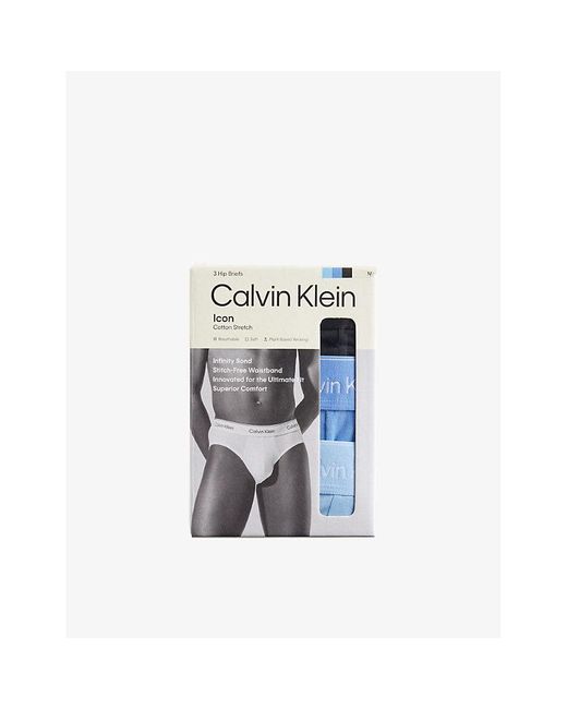 Calvin Klein Blue Icon Logo-Waistband Pack Of Three Stretch-Cotton Hip Briefs for men