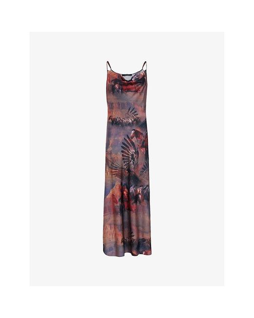 AllSaints Red Hadley Graphic-print Cowl-neck Stretch Recycled-polyester Maxi Dress
