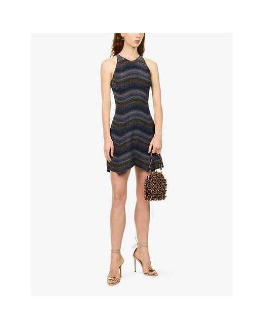Missoni Blue Metallic Wavy Sleeveless Woven Skater Dress