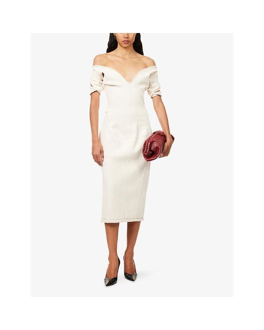 Bottega Veneta White Off-Shoulder Double Crepe Woven Midi Dress