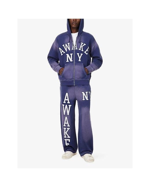 AWAKE NY Blue Logo-Embroidery Faded Zip-Through Cotton-Jersey Hoody for men