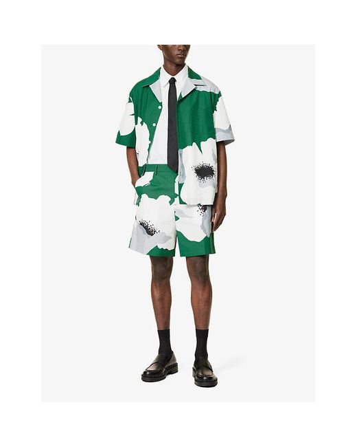 Valentino Green Flower Graphic-print Relaxed-fit Cotton Shorts for men