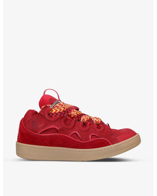 Lanvin Red Curb Leather And Mesh Low-Top Trainers for men