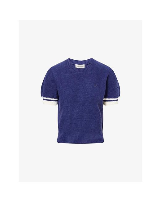 The Couture Club Blue Contrast-Stripe Short-Sleeves Knitted Top
