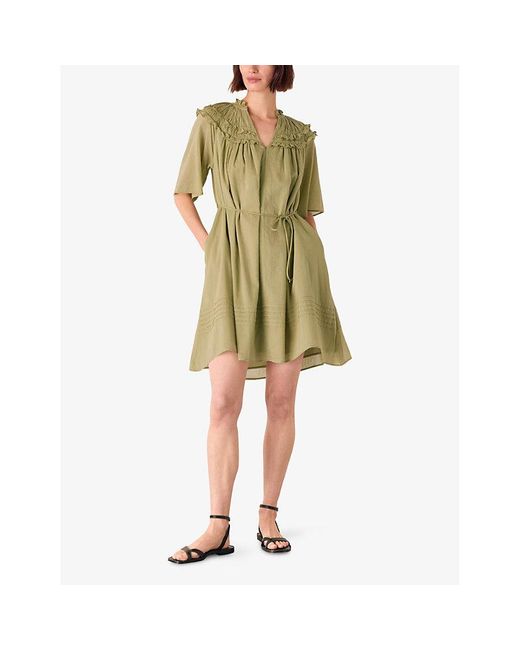 green dress whistles WHISTLES Green Leopard Animal Print V-Neck Collared Midi Shirt Dress 12US 16UK L
