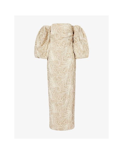 ‎Dima Ayad Natural Embroidered Bubble-Sleeves Woven Maxi Dress