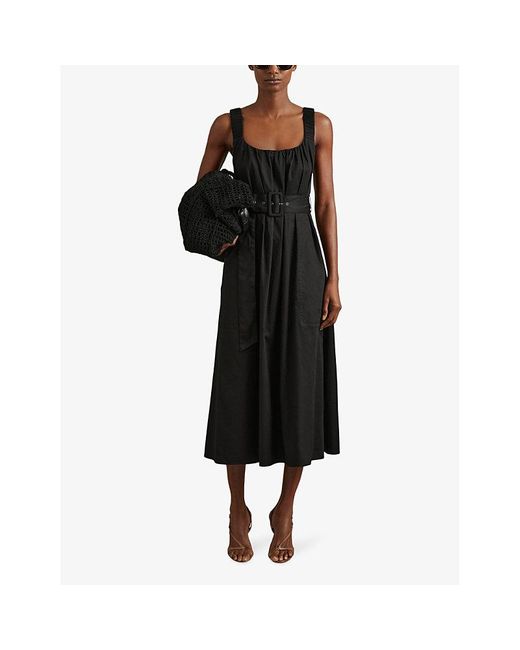 Reiss Black Liza Ruched-strap Sleeveless Cotton Midi Dress