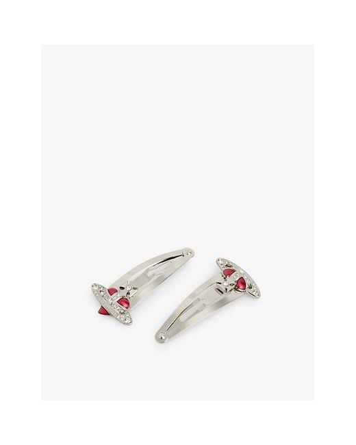 Vivienne Westwood White Heart Diamante-embellished Silver-tone Brass Set Of Two Hairclips