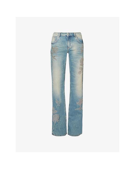 Floral Embellished Wide Leg Jeans in Blue - Blumarine