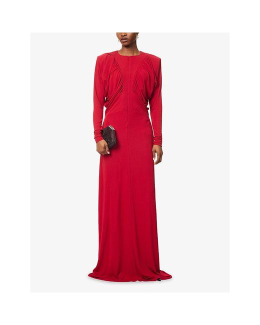 Stella McCartney Red Draped Padded-Shoulders Woven Gown