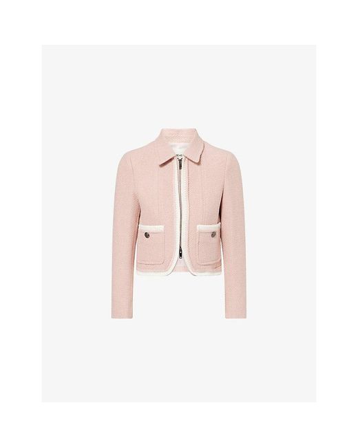 ME+EM Pink Contrast-Trim Cropped Tweed Jacket