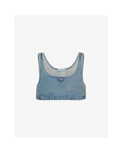 Prada Blue Logo-plaque Denim-chambray Crop Top