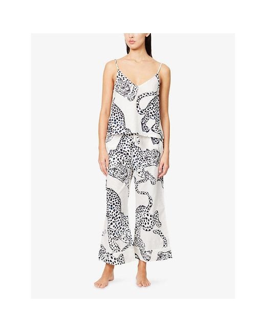 Desmond & Dempsey White Jaguar-Print Cami & Wide-Leg Cotton Pyjama Set
