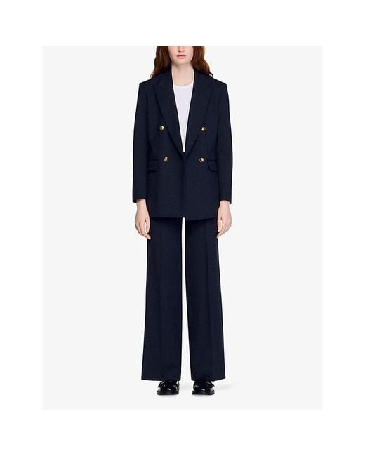Sandro Blue Pinstripe Long-Sleeve Wool-Blend Blazer